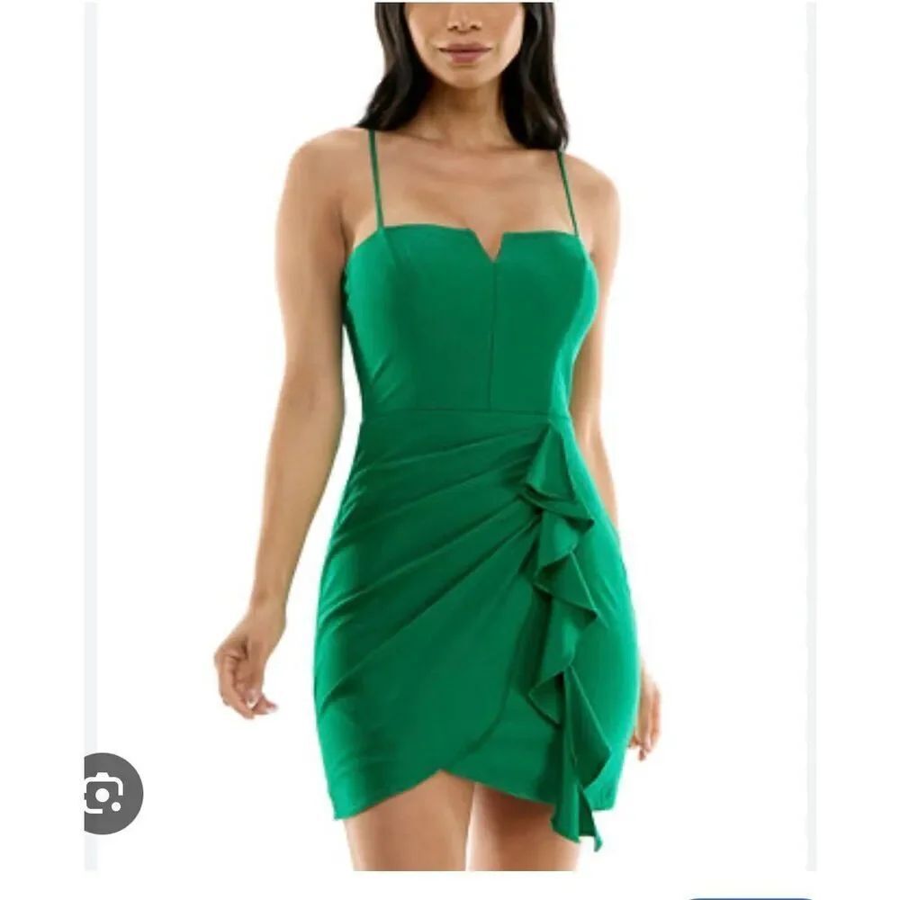 City Studio Emerald Green Bodycon Spaghetti Strap Side Ruffle Party Mini Dress s